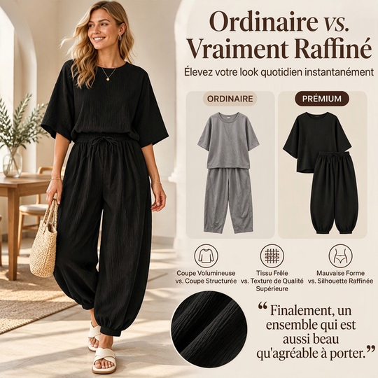 Ensemble haut texturé à manches chauve-souris et pantalon lanterne pour femme