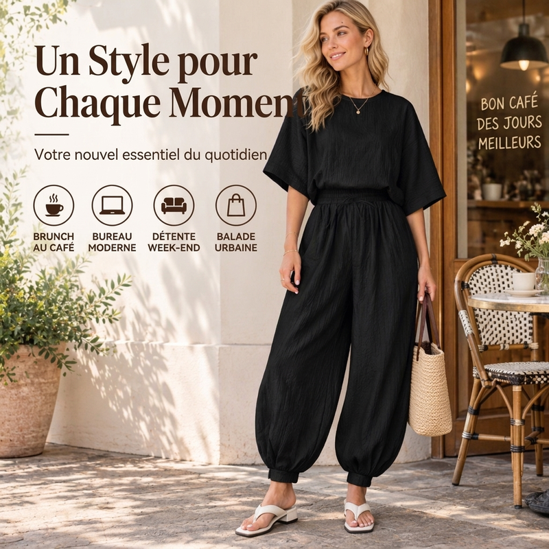 Ensemble haut texturé à manches chauve-souris et pantalon lanterne pour femme