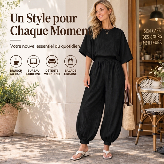 Ensemble haut texturé à manches chauve-souris et pantalon lanterne pour femme