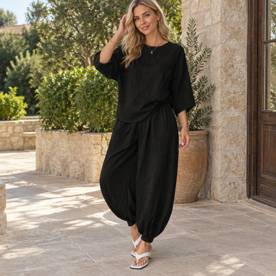 Ensemble haut texturé à manches chauve-souris et pantalon lanterne pour femme