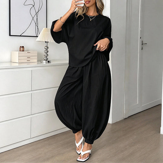 Ensemble haut texturé à manches chauve-souris et pantalon lanterne pour femme