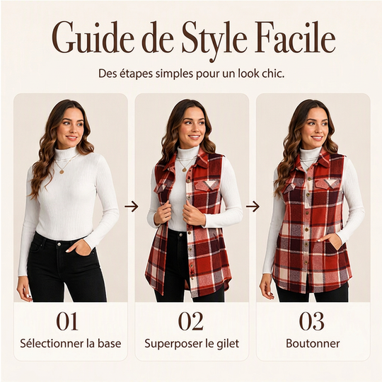 💖Soldes ! Prix cassés💖Chemise gilet boutonnée à carreaux pour femme avec poches