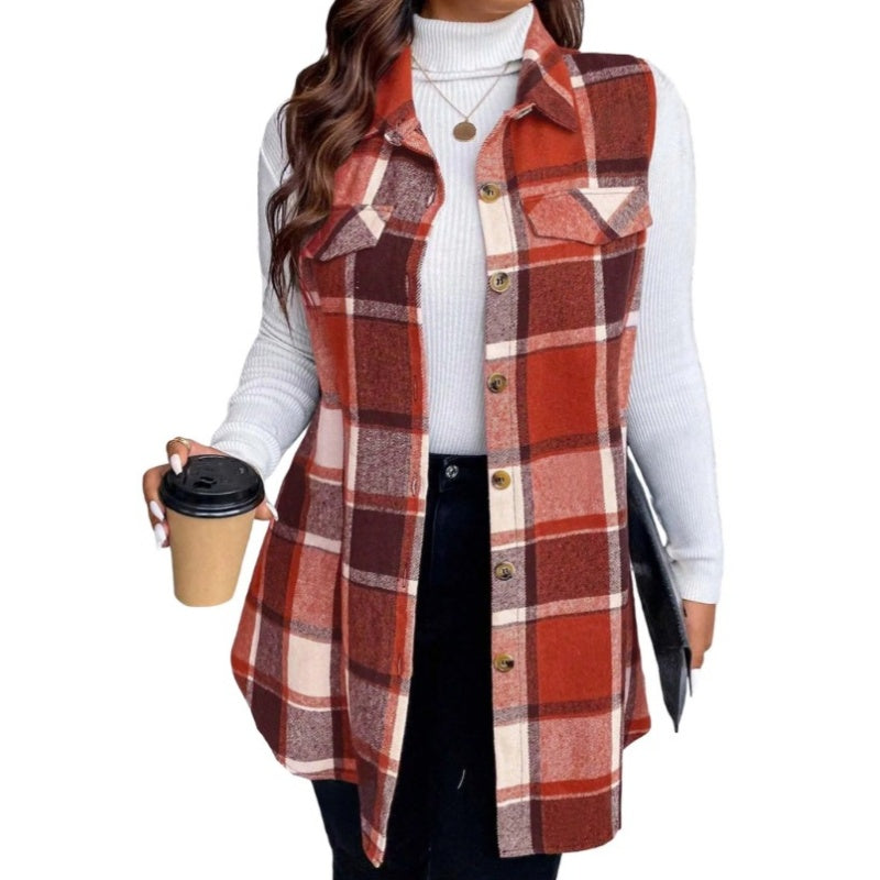 💖Soldes ! Prix cassés💖Chemise gilet boutonnée à carreaux pour femme avec poches
