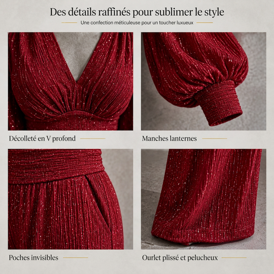 Ensemble deux pièces pour femme, automne-hiver, haut plissé à col V profond et manches bouffantes, avec pantalon large à poches