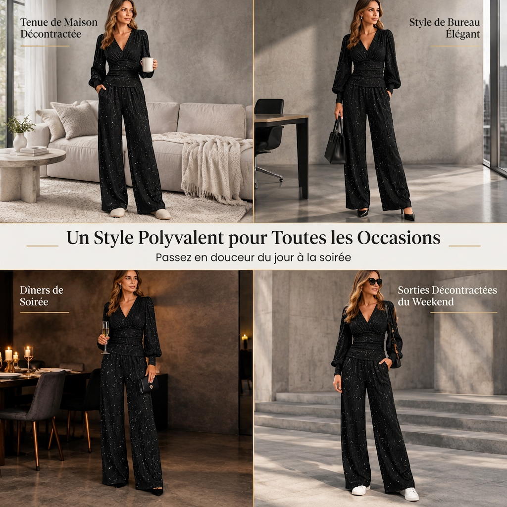 Ensemble deux pièces pour femme, automne-hiver, haut plissé à col V profond et manches bouffantes, avec pantalon large à poches