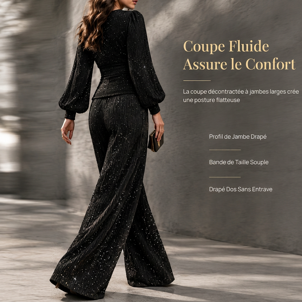 Ensemble deux pièces pour femme, automne-hiver, haut plissé à col V profond et manches bouffantes, avec pantalon large à poches