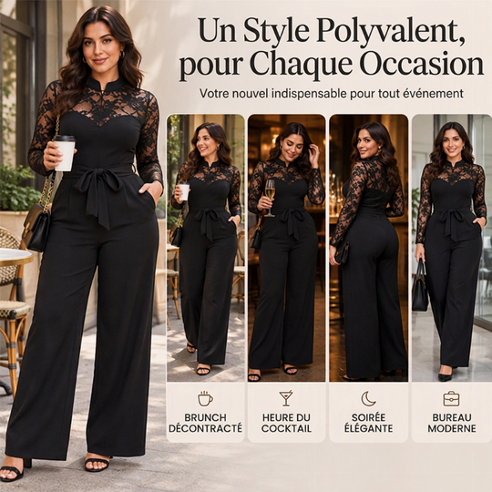 Combinaison élégante femme avec patchwork en dentelle et ceinture