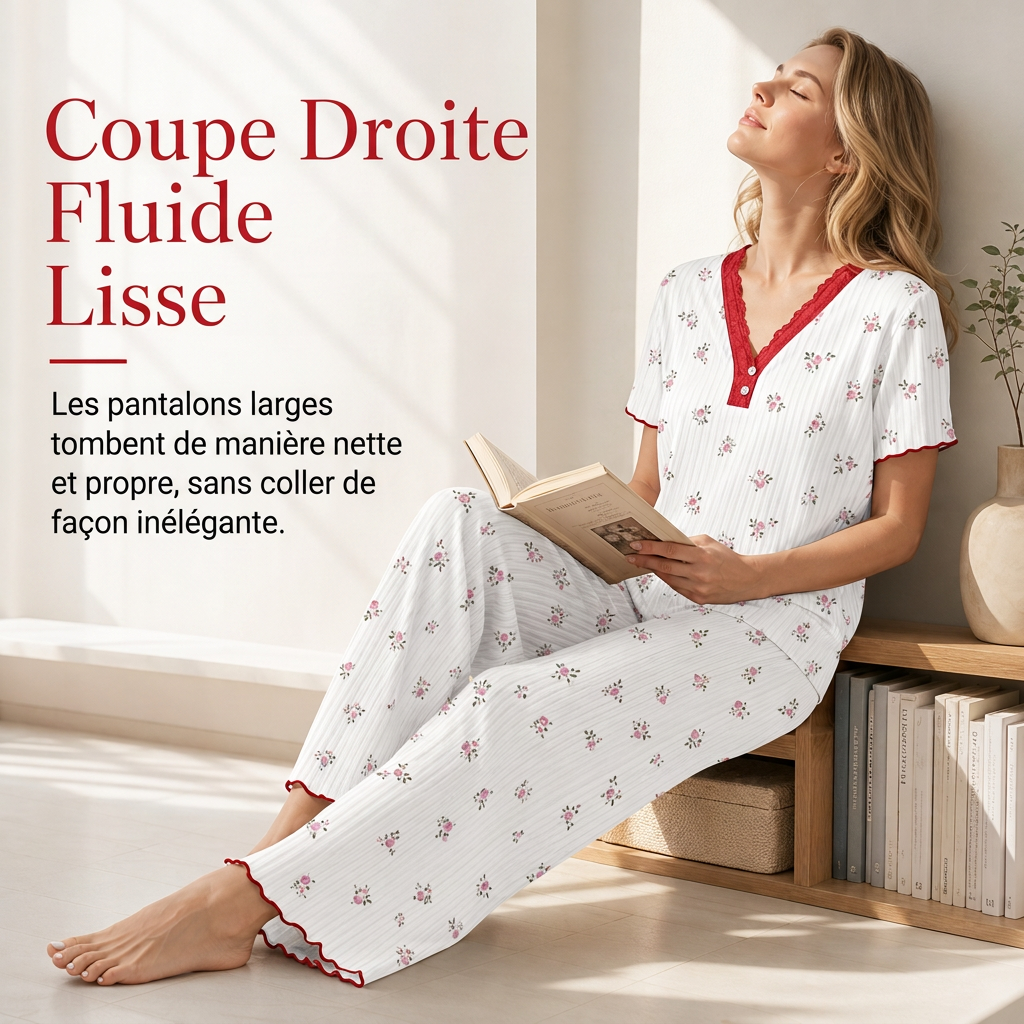 Ensemble de pyjama imprimé pour femme, haut à manches courtes et pantalon long, vêtement de détente confortable et élastique