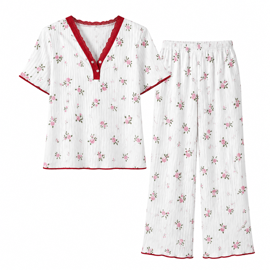 Ensemble de pyjama imprimé pour femme, haut à manches courtes et pantalon long, vêtement de détente confortable et élastique