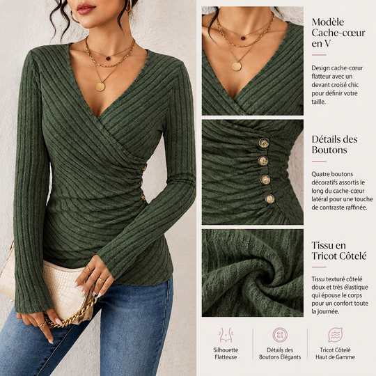 Haut à manches longues et col V, couleur unie, pour femmes, décontracté, pour le printemps et l'automne