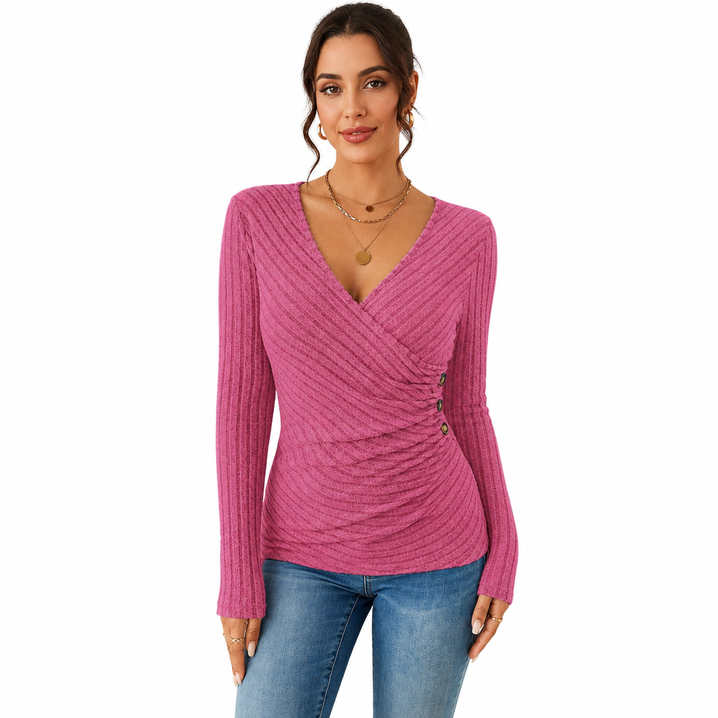 Haut à manches longues et col V, couleur unie, pour femmes, décontracté, pour le printemps et l'automne