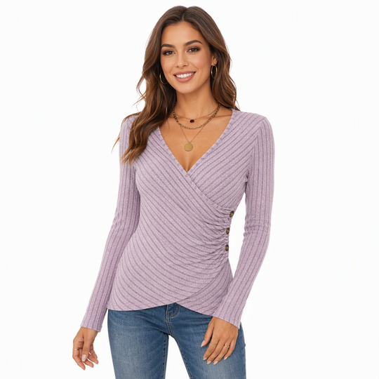 Haut à manches longues et col V, couleur unie, pour femmes, décontracté, pour le printemps et l'automne