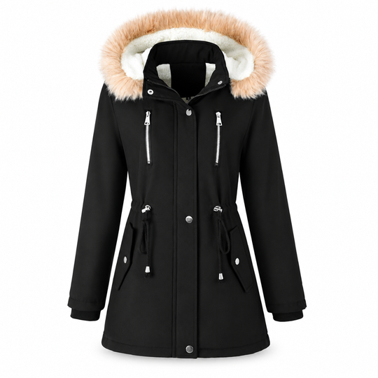✨ Ce manteau parka d’hiver pour femme avec capuche en fausse fourrure mise sur une taille réglable et une allure facile à porter ❄️