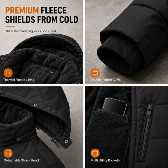 ❄️ Cold-Ready Warmth, Flexible Hood Design | Men's Winter Fleece Lined Coat with Detachable Hood