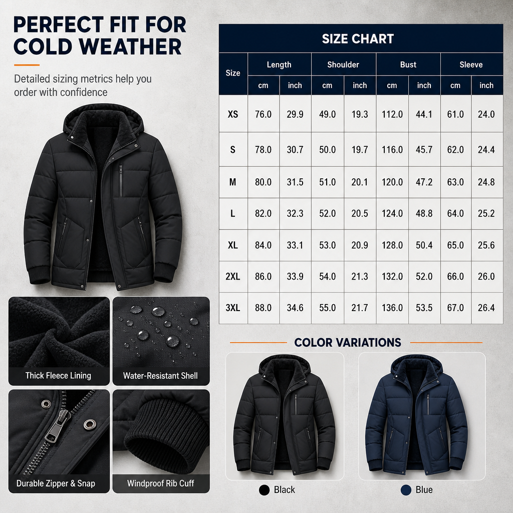 ❄️ Cold-Ready Warmth, Flexible Hood Design | Men's Winter Fleece Lined Coat with Detachable Hood