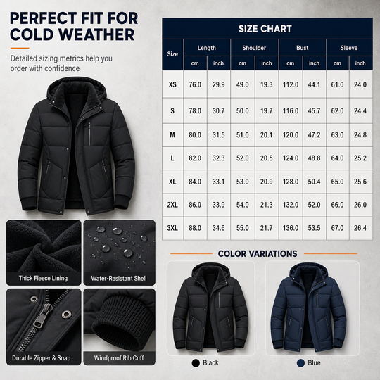 ❄️ Cold-Ready Warmth, Flexible Hood Design | Men's Winter Fleece Lined Coat with Detachable Hood