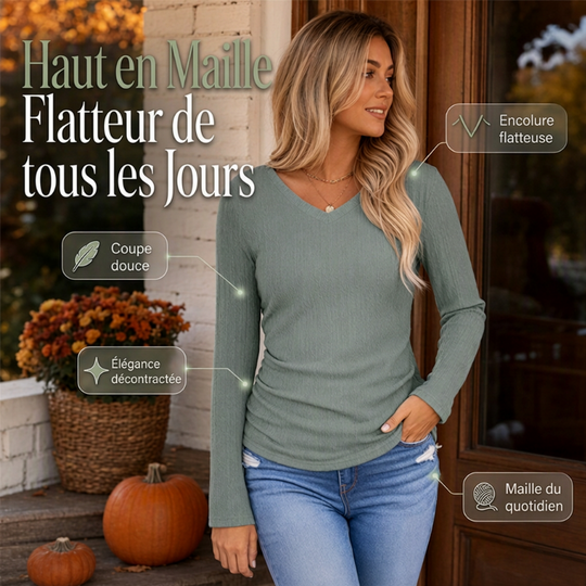 ✨ Haut en maille à col V pour femme, élégant : manches longues, maille texturée et facile à porter 🧶