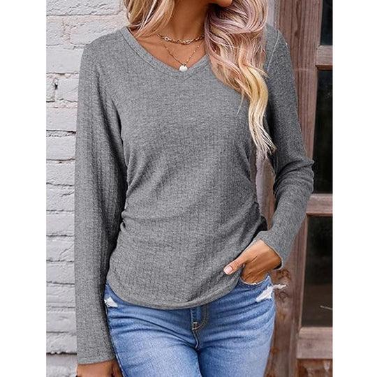 ✨ Haut en maille à col V pour femme, élégant : manches longues, maille texturée et facile à porter 🧶