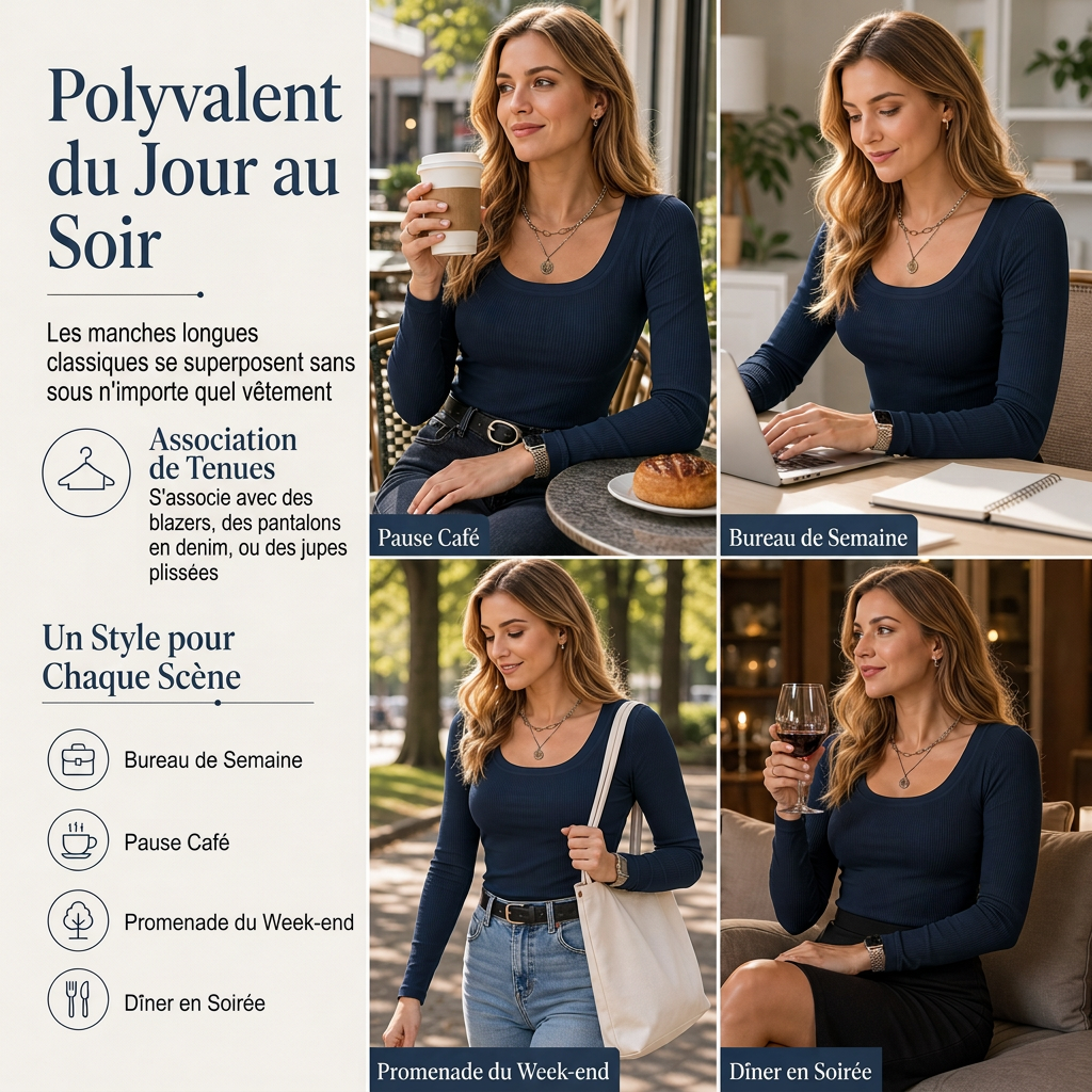 T-shirt en maille côtelée à manches longues, col carré et coupe ajustée pour femme