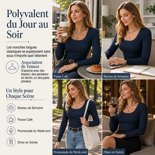 T-shirt en maille côtelée à manches longues, col carré et coupe ajustée pour femme