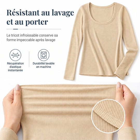 T-shirt en maille côtelée à manches longues, col carré et coupe ajustée pour femme