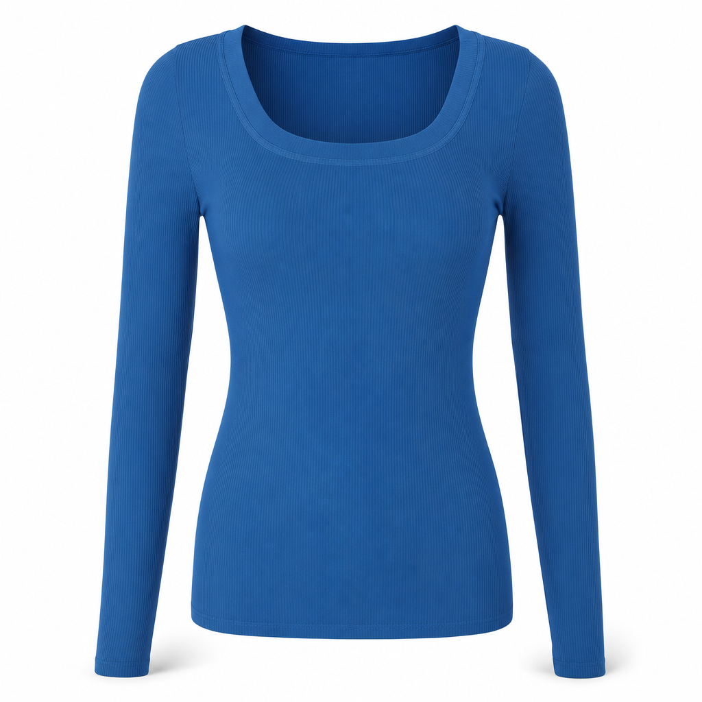 T-shirt en maille côtelée à manches longues, col carré et coupe ajustée pour femme