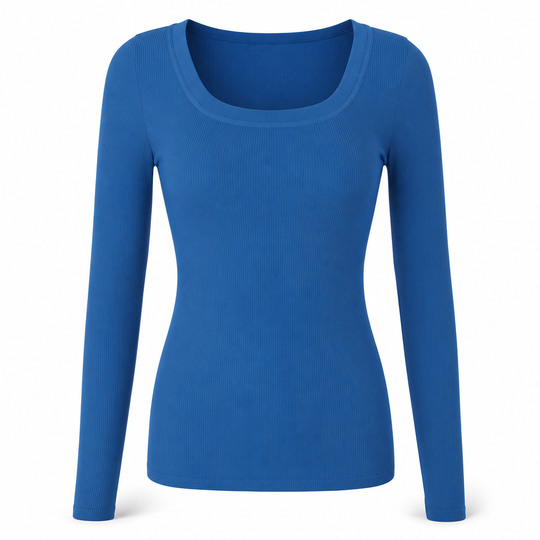 T-shirt en maille côtelée à manches longues, col carré et coupe ajustée pour femme