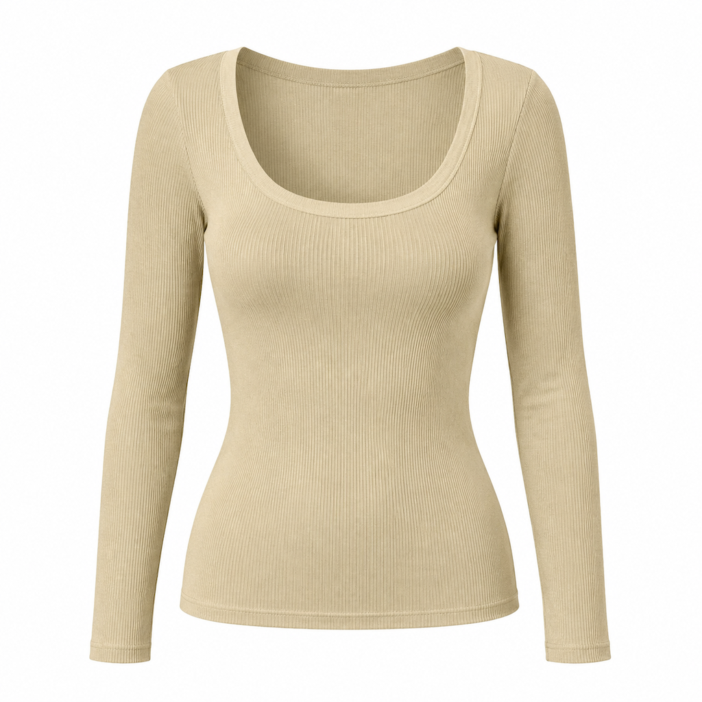 T-shirt en maille côtelée à manches longues, col carré et coupe ajustée pour femme