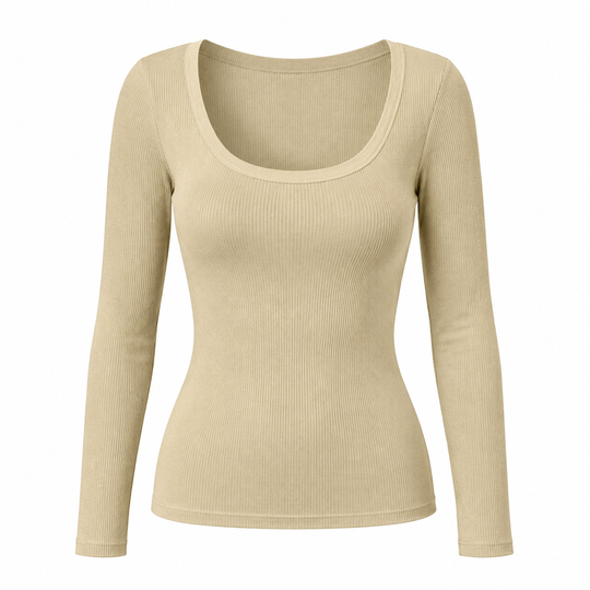 T-shirt en maille côtelée à manches longues, col carré et coupe ajustée pour femme