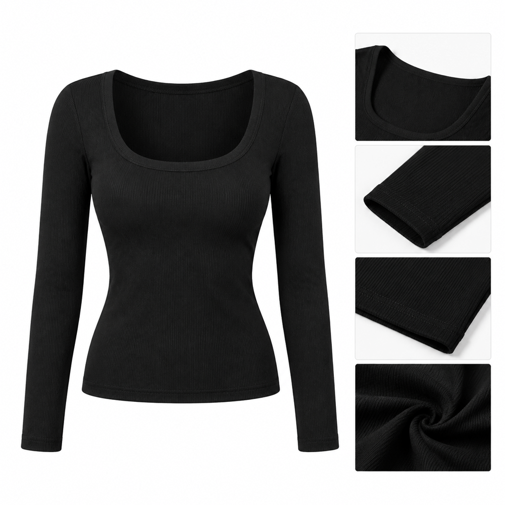 T-shirt en maille côtelée à manches longues, col carré et coupe ajustée pour femme