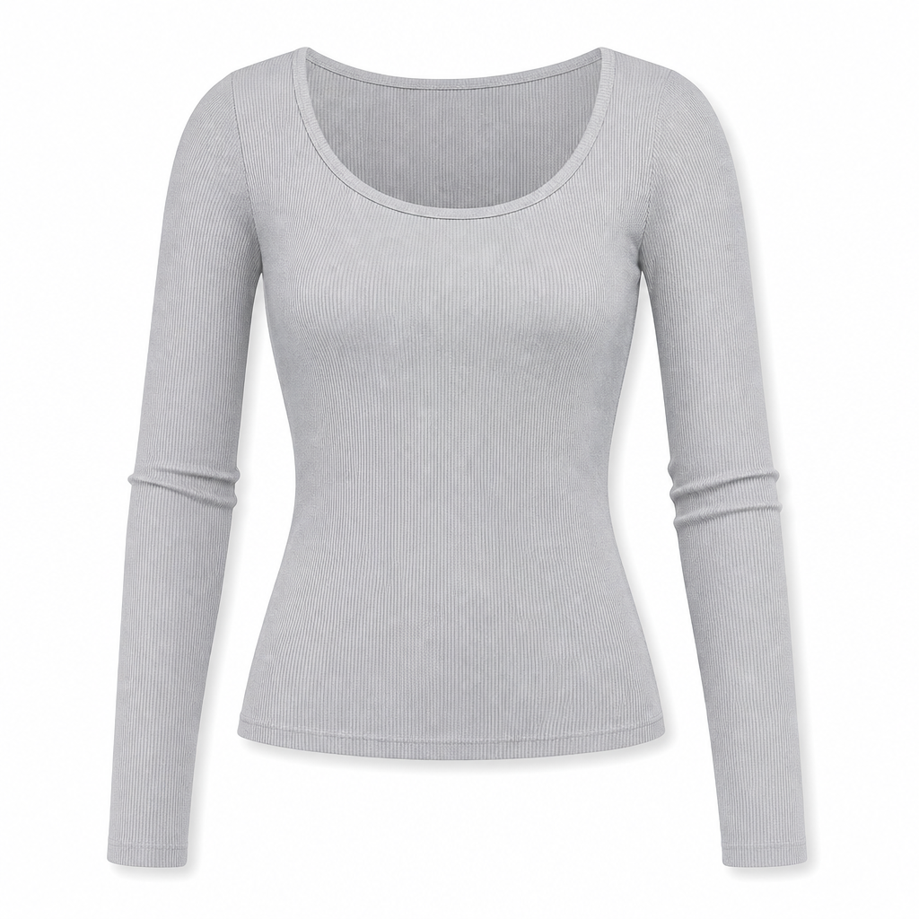 T-shirt en maille côtelée à manches longues, col carré et coupe ajustée pour femme