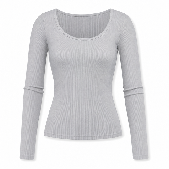 T-shirt en maille côtelée à manches longues, col carré et coupe ajustée pour femme