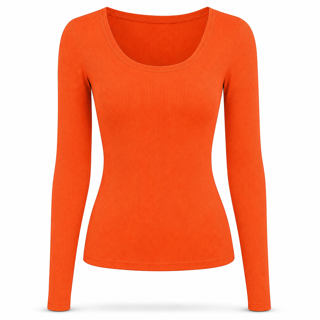 T-shirt en maille côtelée à manches longues, col carré et coupe ajustée pour femme