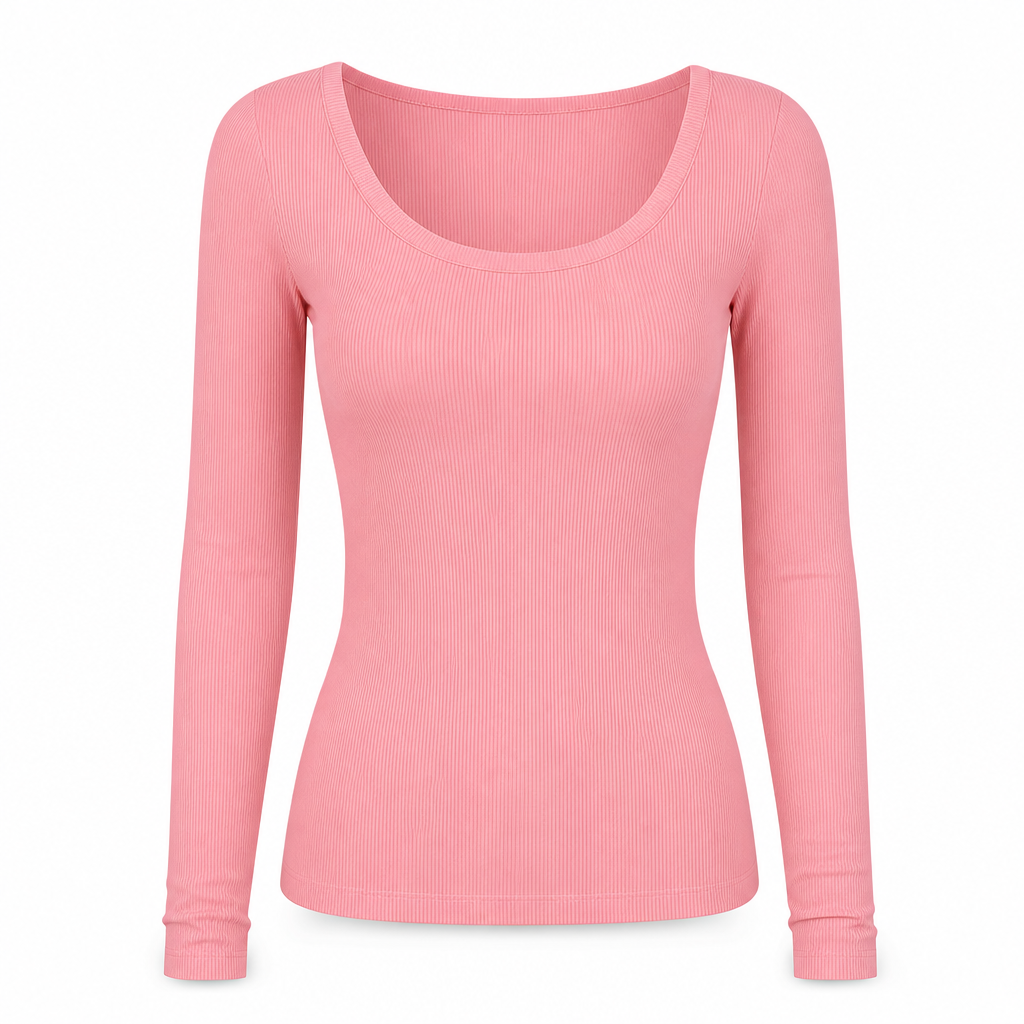 T-shirt en maille côtelée à manches longues, col carré et coupe ajustée pour femme