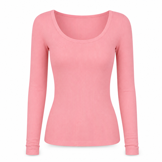 T-shirt en maille côtelée à manches longues, col carré et coupe ajustée pour femme
