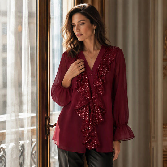 Haut en mousseline de soie à paillettes et col en V pour femme