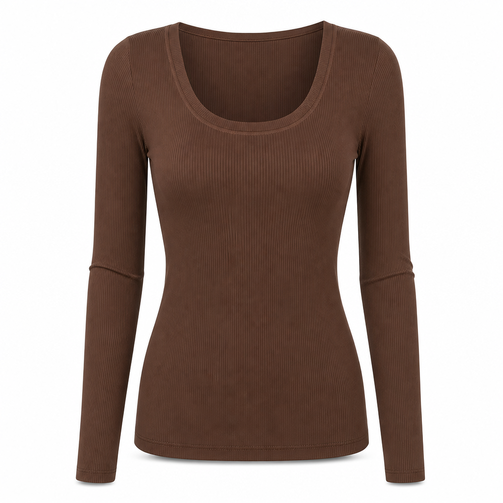 T-shirt en maille côtelée à manches longues, col carré et coupe ajustée pour femme