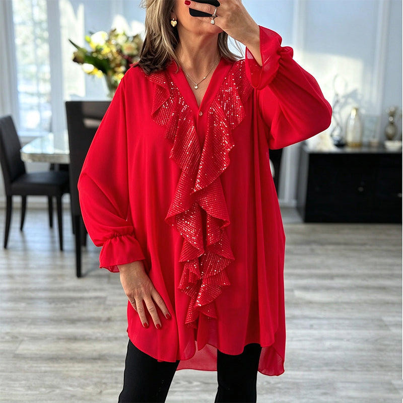 Haut en mousseline de soie à paillettes et col en V pour femme