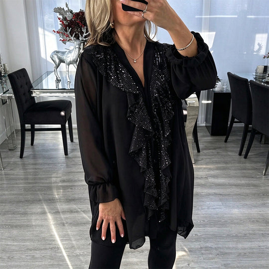 Haut en mousseline de soie à paillettes et col en V pour femme