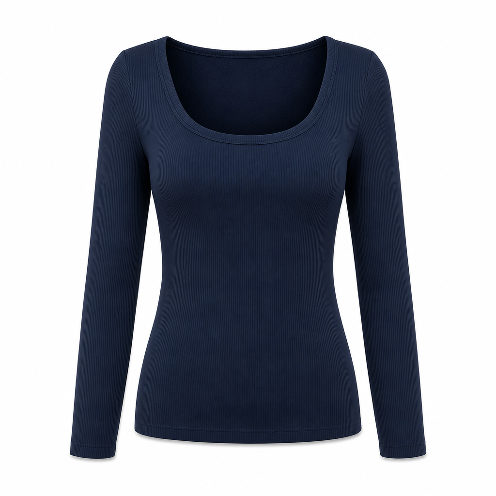 T-shirt en maille côtelée à manches longues, col carré et coupe ajustée pour femme