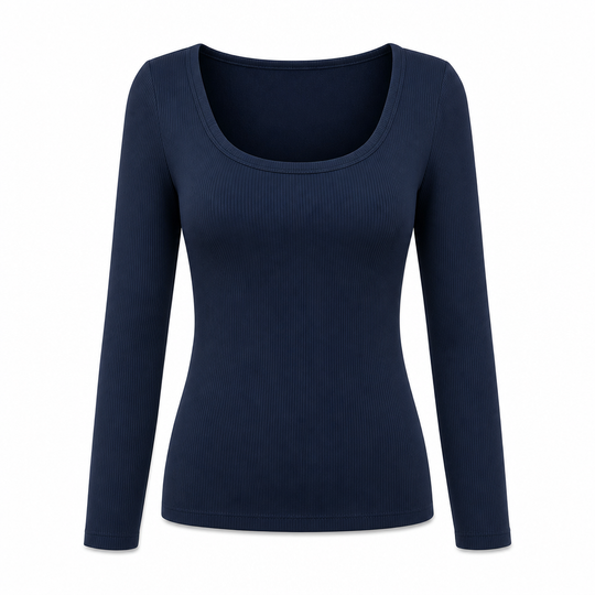 T-shirt en maille côtelée à manches longues, col carré et coupe ajustée pour femme