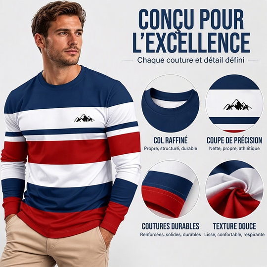 Haut à manches longues et col rond rayé pour homme
