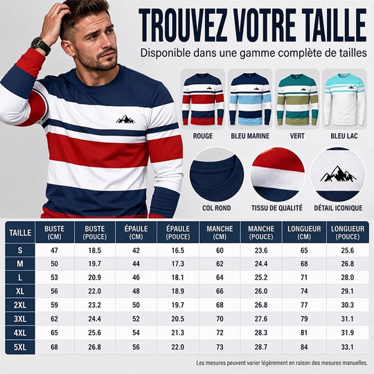 Haut à manches longues et col rond rayé pour homme