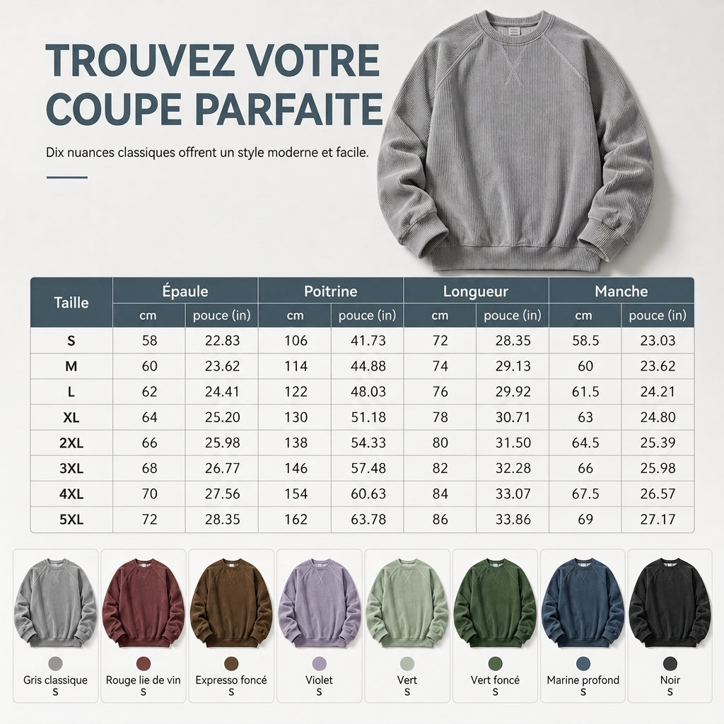Pull à col rond en velours côtelé à manches longues pour hommes