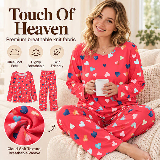 💕 Playful Print, Cozy All-Night Comfort | Women's Heart Print Long Sleeve Pajama Set