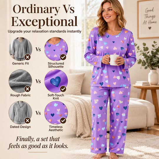 💕 Playful Print, Cozy All-Night Comfort | Women's Heart Print Long Sleeve Pajama Set