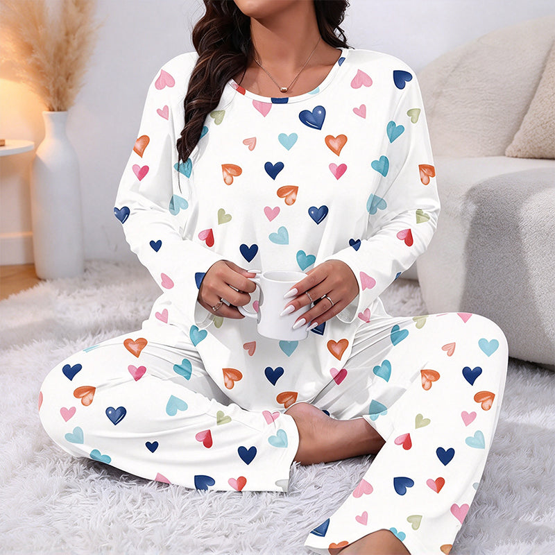 💕 Playful Print, Cozy All-Night Comfort | Women's Heart Print Long Sleeve Pajama Set