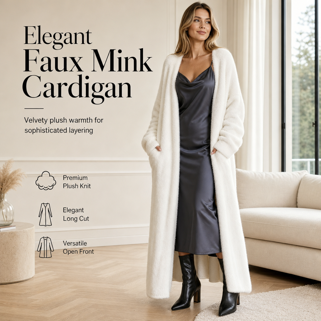☁️ Cloud-Like Softness, Relaxed Long-Line Warmth | Women's Faux Mink Fleece Long Cardigan Sweater Fluffy Oversized Knit Coat for Autumn and Winter