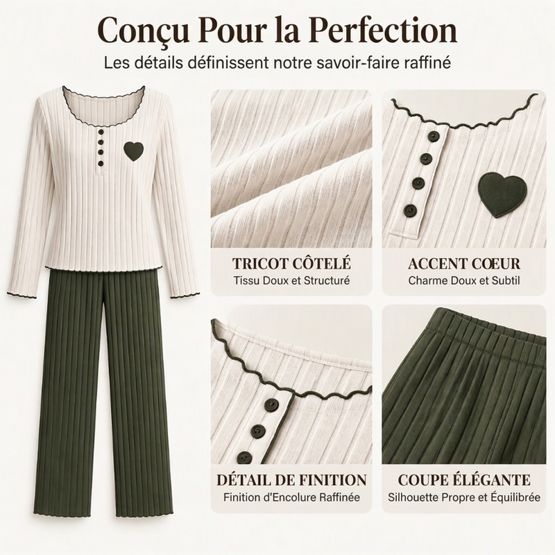Ensemble de pyjama côtelé brodé de cœur pour femmes