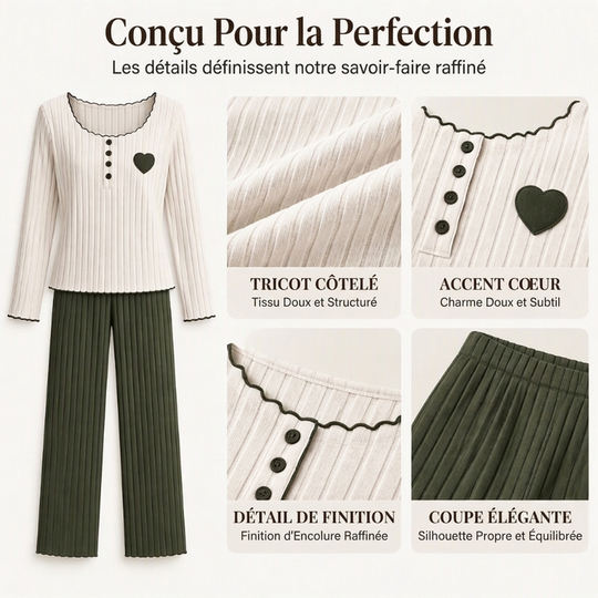 Ensemble de pyjama côtelé brodé de cœur pour femmes